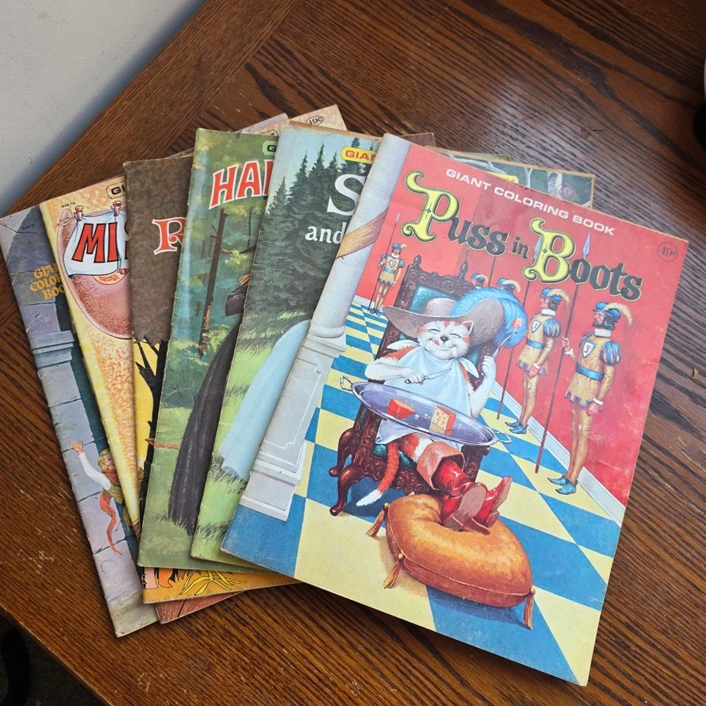 Vintage Giant Coloring Book Lot Puss in Boots Snow White Hansel Gretel 6 Books